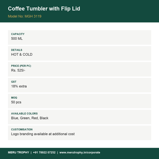 Coffee Tumbler with Flip Lid - product detail card - Meru Trophy corporate gifting
