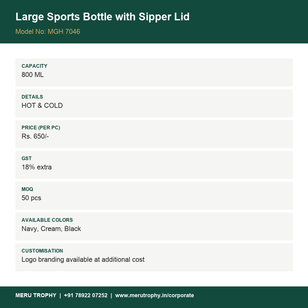 Large Sports Bottle with Sipper Lid - product details card - Meru Trophy corporate gifting