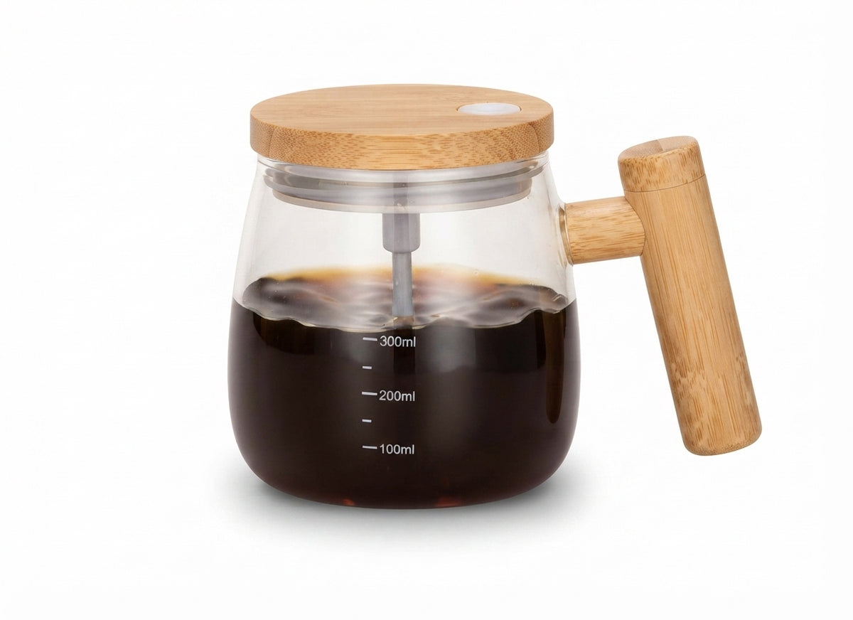 Self Stirring Glass Mug with Wooden Handle - Bamboo - Meru Trophy corporate gifting