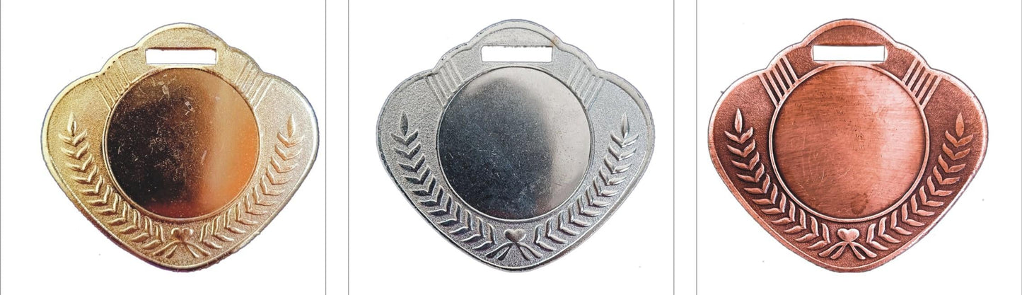 Heart-shaped gold; silver; and bronze medals for awards and recognition.