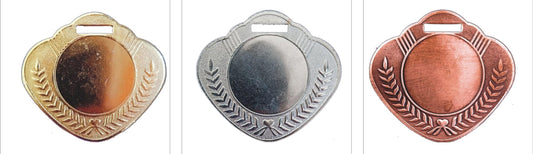 Heart-shaped gold; silver; and bronze medals for awards and recognition.