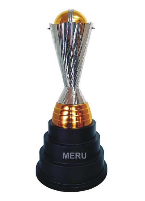 Image  Silver metal trophy with golden sphere; ideal for sports awards and recognition ceremonies.