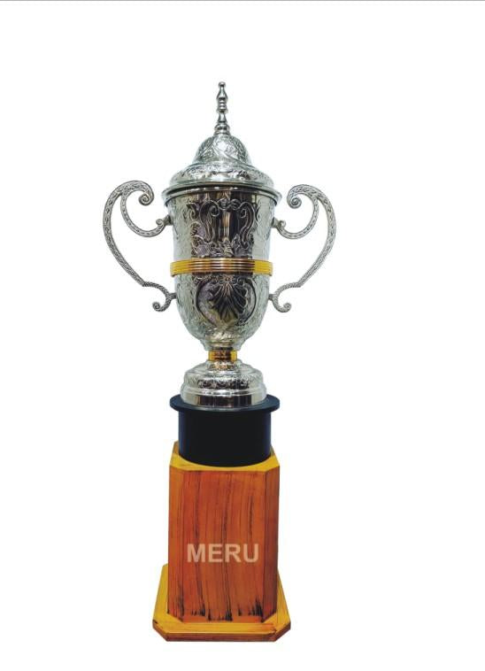 Silver and gold metal trophy with ring detail; perfect for sports awards.