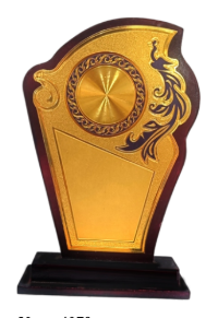 Elegant wooden memento trophy with gold peacock design.
