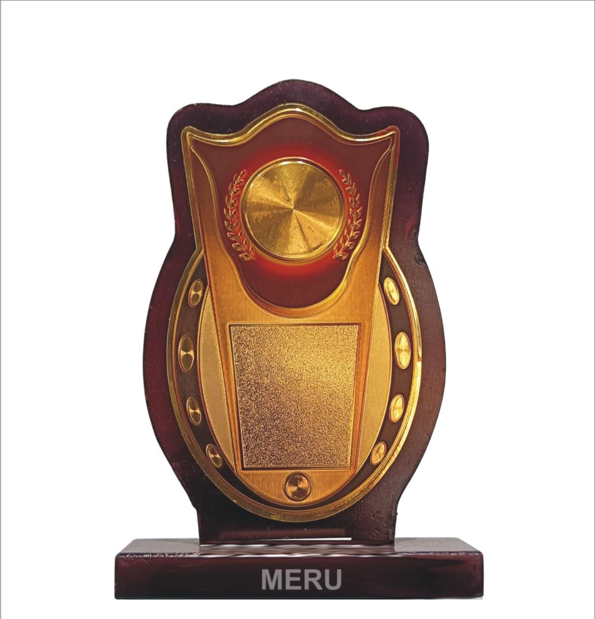 Elegant wooden trophy with gold accents; perfect for employee recognition awards.