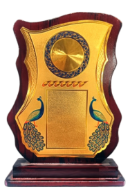 Elegant wooden memento trophy with a gold peacock design; perfect for awards and recognition.