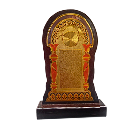 Wooden trophy with gold plate for personalized engraving.